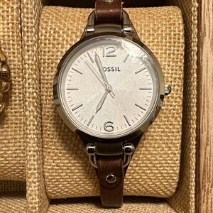 Fossil Silver Dial with Brown Leather Strap Watch